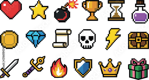 Pixel art video game asset icon set, 8 bit retro arcade items rewards and weapons