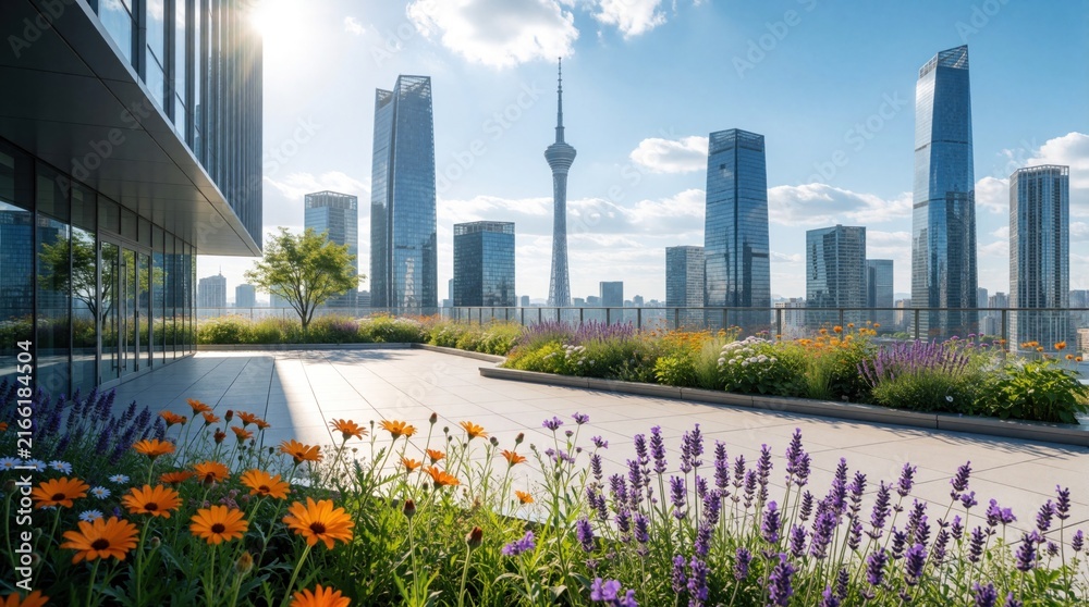 Fototapeta premium Modern rooftop terrace with colorful flowers, green plants. Urban skyline features tall glass skyscrapers, communication tower under bright blue sky. Sunny day view from city garden balcony