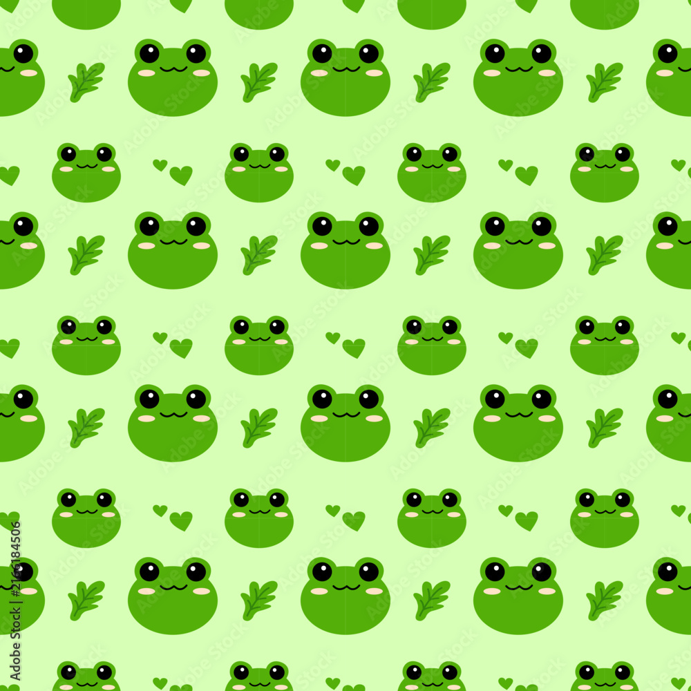 Fototapeta premium Frog seamless pattern cute green background with leaves and hearts cartoon vector illustration spring natural tropical wallpaper fun happy smile lovely face design for baby kid child 
