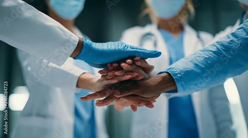 doctors and nurses stacking hands in a medical team, symbolizing teamwork, collaboration, unity, support, healthcare, and professional cooperation