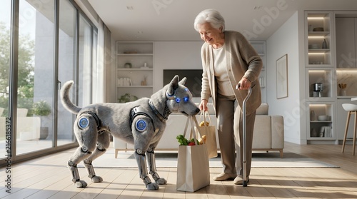 Elderly woman and robotic dog shopping together in a modern bright living room illustrating companionship and assistance