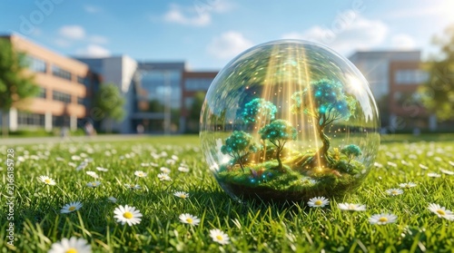 Transparent Globe With Green Plant Inside on School Campus Lawn