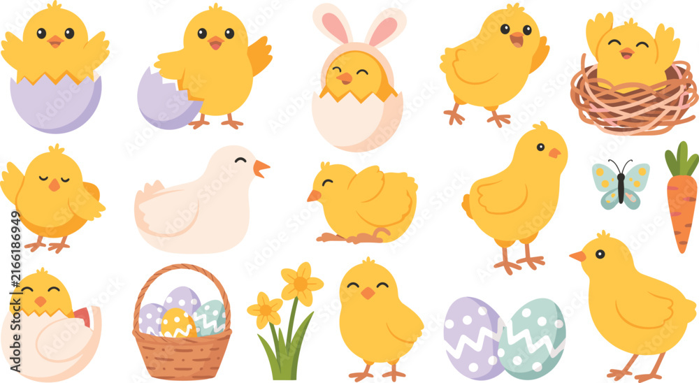 Fototapeta premium Happy Kawaii Little Chicks Mascot Collection with Bird Nest, Bunny Ears Headband, and Easter Flowers for Kids Sticker Designs