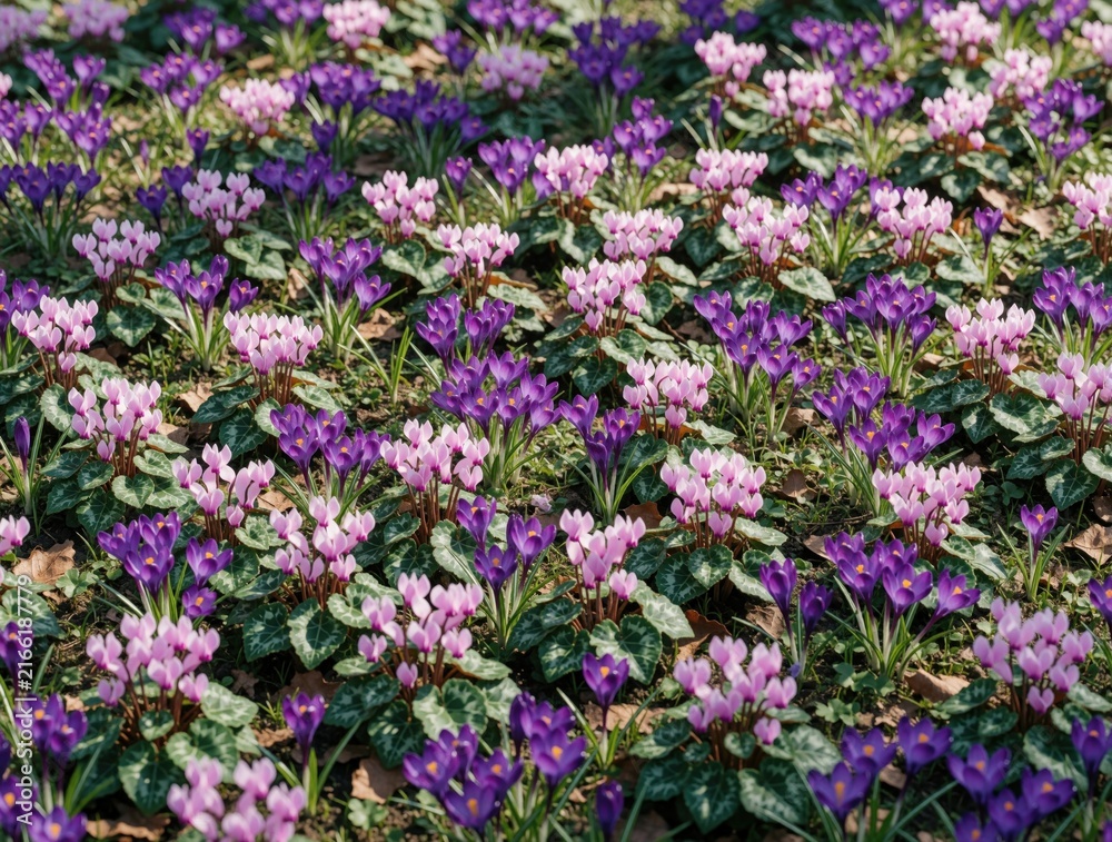 Obraz premium Purple crocus and pink cyclamen flowers bloom vibrantly in a garden meadow. Early spring blossoms cover the ground with fresh colors. Nature wakes up with seasonal flora.