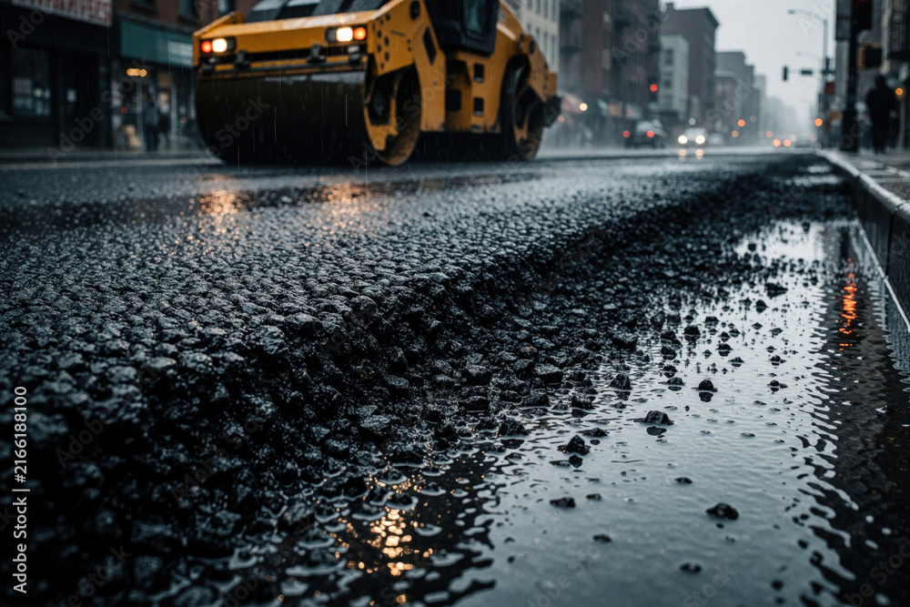 Fototapeta premium Close up of fresh black asphalt road during rain. Yellow road roller machine works on wet street surface in urban city. Construction crew maintains infrastructure with heavy equipment. New pavement