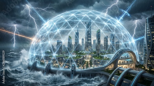 Futuristic Cityscape Architecture Glowing Energy Bridge Over Water Sci Fi Digital Art Skyline