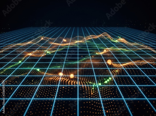 Abstract 3D topography grid landscape with glowing data wave nodes