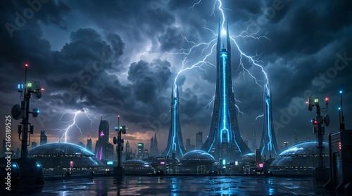 Futuristic cyberpunk city neon skyscraper skyline illuminated by dramatic lightning and stormy night sky architecture