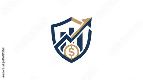 Financial security shield logo, investment growth chart with dollar coin, professional wealth management and insurance icon isolated PNG with Transparent Background