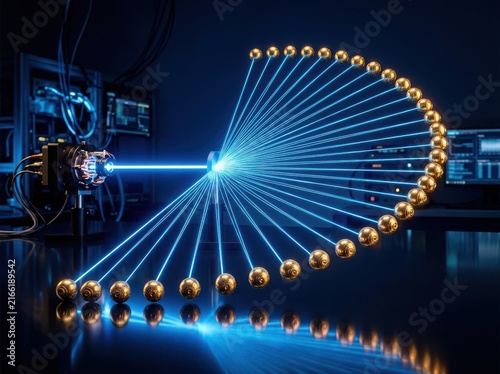 Laser light physics experiment with golden spheres in scientific lab