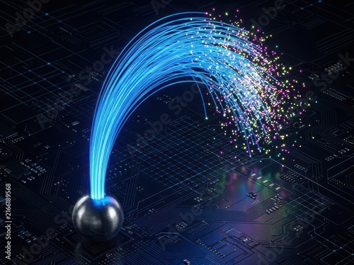 Fiber optic cable bundle glowing on a dark printed circuit board