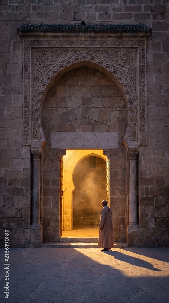 Fototapeta premium Man in traditional djellaba standing at ancient mosque entrance