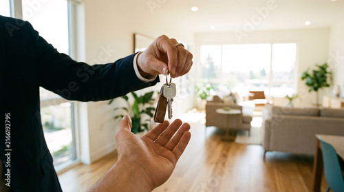 Real estate agent hands over keys to new homeowner in a modern, sunlit living room, symbolizing a successful property transaction
