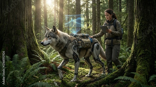 Futuristic robot wolf companion explores lush forest nature with digital technology adventure