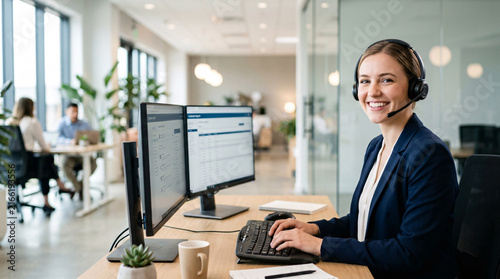 Smiling support agent wearing headset sits at a desk with dual computer monitors in a modern, bright office environment, business concept