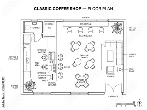 Classic coffee shop floor plan, architectural cafe layout with seating and kitchen, professional restaurant blueprint vector