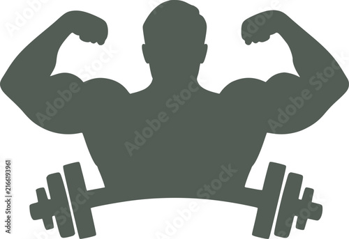Strong athletic figure flexing muscles with barbell plate representing bodybuilding symbol for fitness center branding and sports logo.