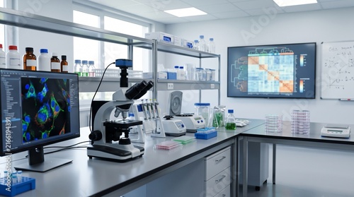 Modern medical research laboratory with microscope and digital data analysis screens