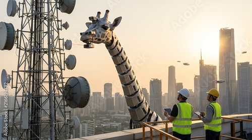 Giraffe sculpture on communication tower overlooking modern cityscape at sunset golden hour