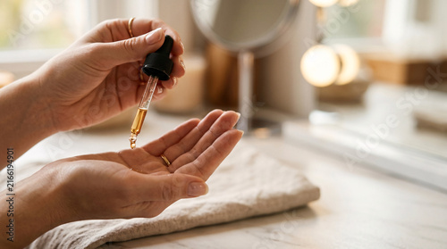 Woman applying face serum from dropper into palm for skincare routine, soft light and reflection in mirror