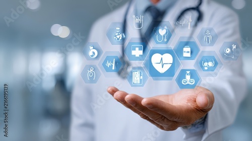 Doctor with stethoscope and medical technology network concept on hospital background