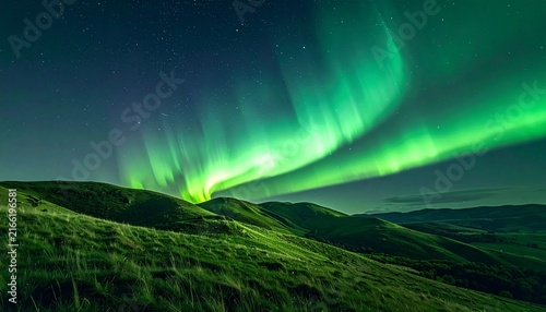 Soft Green Aurora Over Rolling Hills