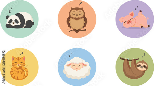 Cute Sleeping Animal Cartoon Character Vector Icon Set Featuring Panda Owl Pig Cat Sheep and Sloth in Circular Badges for Kids Nursery Designs