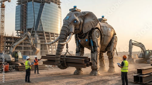 Massive Robot Elephant working on construction site with heavy machinery and futuristic industry
