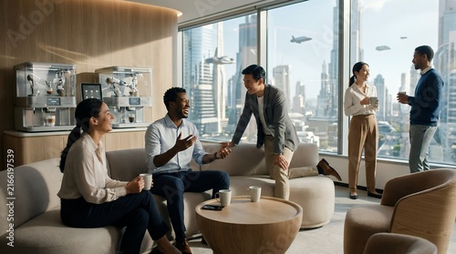Modern business discussion and lifestyle in a luxury urban apartment overlooking a city skyline