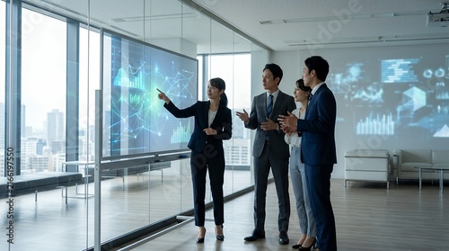 Modern business team analyzing complex data on a digital interface in a futuristic corporate office setting