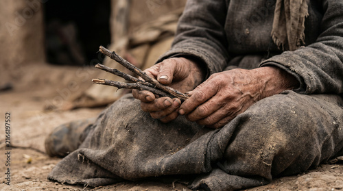 The desperate widow of Zarephath gathering sticks in the dust to cook her final, meager meal during a severe famine