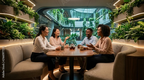 Modern corporate meeting and coffee break in a luxurious indoor space surrounded by lush greenery a perfect place for team collaboration and relaxation