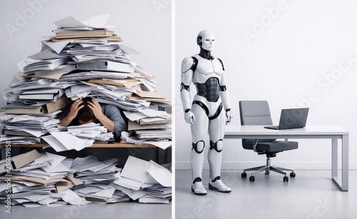 Split-screen contrast of a stressed office worker buried in paperwork and a calm humanoid robot at a desk