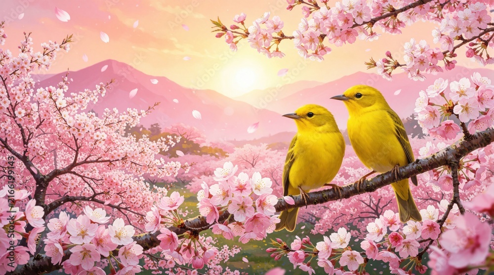 Fototapeta premium Two yellow birds sit on a branch with pink cherry blossoms. Mountains and sun in background. Spring nature illustration with falling petals.