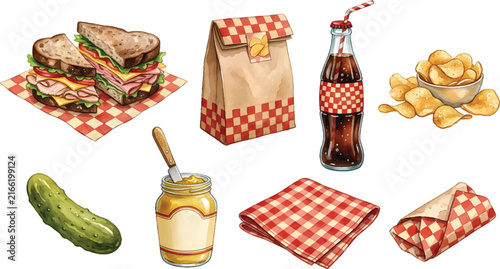 Vector Illustration Delicious sandwich meal clipart set with deli bag, whole grain mustard, and pickles
