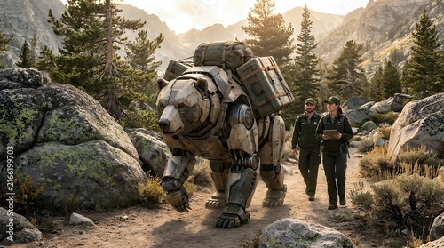 Robotic bear explores rugged mountain wilderness on a remote adventure trail cinematic nature scene