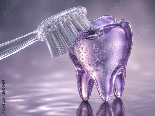 Purple Tooth Model Brushed with Clear Toothbrush
