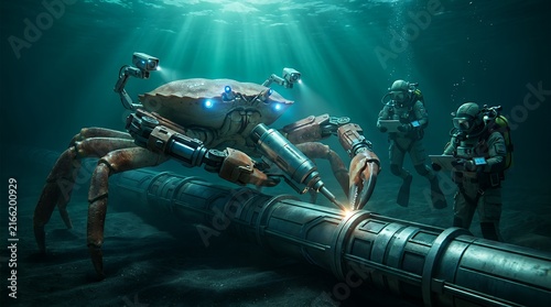 Underwater Robot Encounter Exploring Deep Sea Machinery and Alien Creatures