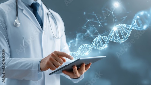 Doctor using digital tablet for patient medical records and dna healthcare technology