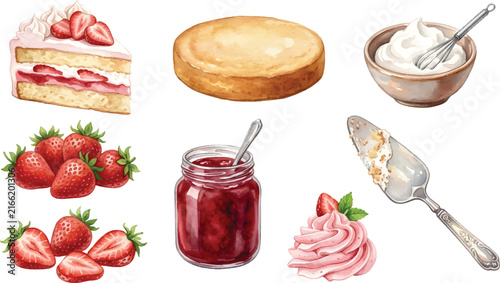 Vector Watercolor strawberry shortcake illustration set with cake layers, cream, and fresh berries