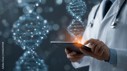 Doctor using digital tablet for patient medical records and dna healthcare technology