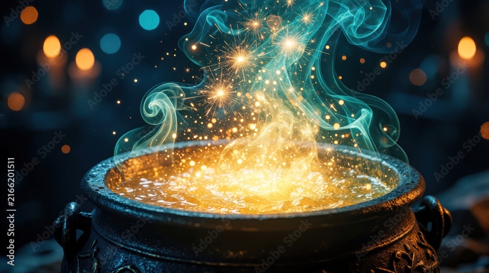 Fototapeta premium Magic cauldron boils with glowing golden potion. Sparkling blue smoke, bright light sparks fly from bubbling liquid. Mystical fantasy brew creates bright energy in dark night atmosphere. Enchanted