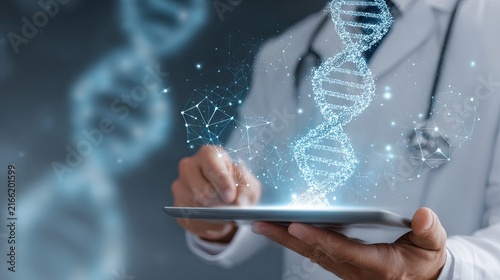 Doctor using digital tablet for patient medical records and dna healthcare technology