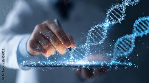 Doctor using digital tablet for patient medical records and dna healthcare technology
