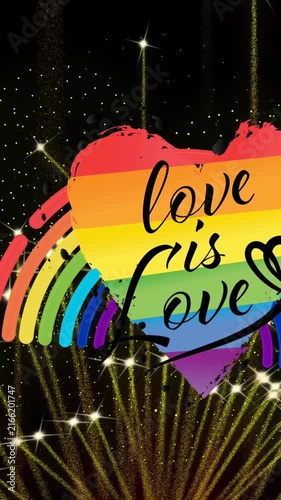 Animation of pride rainbow love is love text, heart and fireworks exploding on black background