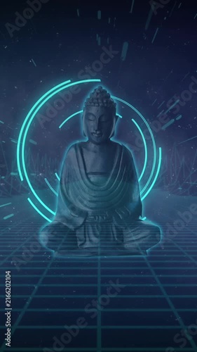Animation of buddha with scope scanning and shapes on black background