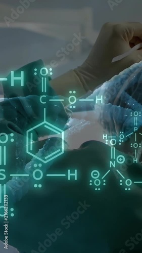 Animation of dna strand and scientific data processing over female surgeon in hospital