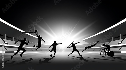 Multi sport athlete silhouettes in dynamic stadium arena.