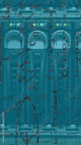 Animation of mathematical data over close up of flashing lights of computer server