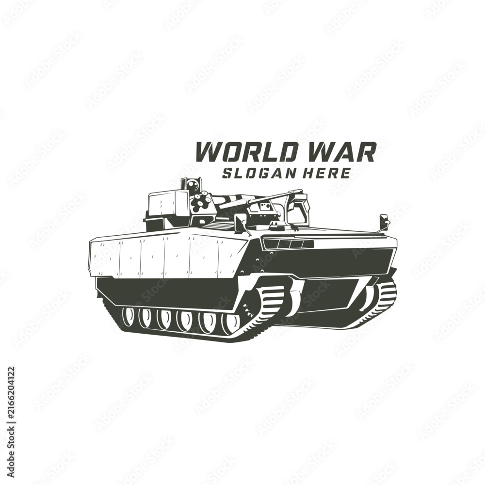 Fototapeta premium Military War Tank Vector Logo Illustration. heavy military armored tank featuring prominent caterpillar tracks and a gun turret. This design symbolizes tactical power, defense, and military strength.